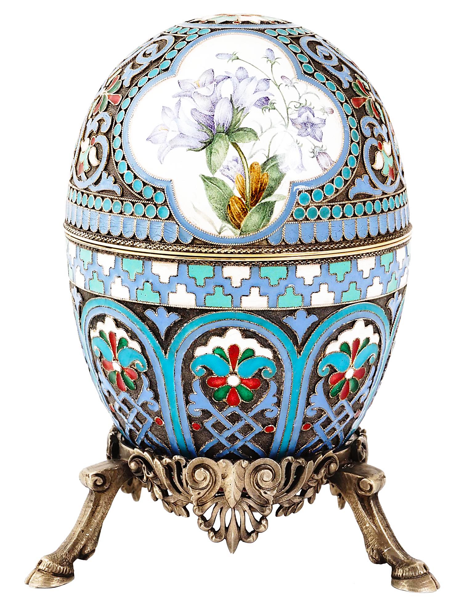 LARGE RUSSIAN 88 GILT SILVER ENAMEL EGG W STAND PIC-0